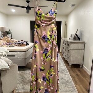 Astr Floral Maxi Dress in Tan with Pink and Purple